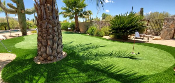 Desert Oasis in your backyard - Our client wanted to enhance the beauty of their home and Arizona landscape with our eye popping putting green installs. Desert Oasis in your backyard - Our client wanted to enhance the beauty of their home and Arizona landscape with our eye popping putting green installs.