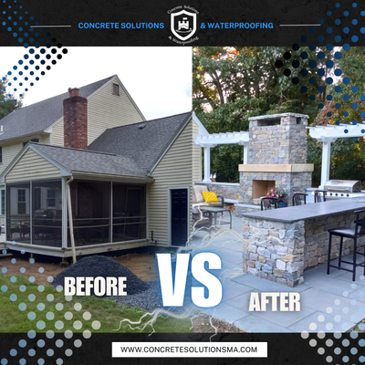 Outdoor Kitchen Remodel - The "Before" side shows a house with a simple screened porch, while the "After" side showcases a significant upgrade with a new open patio, featuring a stone fireplace and a built-in outdoor kitchen with a bar-style seating area. The transformation include constructing outdoor living spaces with stone masonry and concrete work, as well as installing outdoor kitchens and fireplaces. The overall design enhances both the functionality and aesthetic appeal of the home's outdoor space. Outdoor Kitchen Remodel - The "Before" side shows a house with a simple screened porch, while the "After" side showcases a significant upgrade with a new open patio, featuring a stone fireplace and a built-in outdoor kitchen with a bar-style seating area. The transformation include constructing outdoor living spaces with stone masonry and concrete work, as well as installing outdoor kitchens and fireplaces. The overall design enhances both the functionality and aesthetic appeal of the home's outdoor space.
