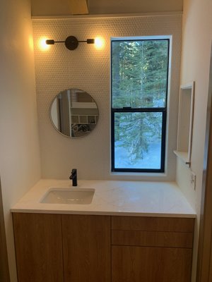 Alpine Remodel - We completely demoed the bathroom and kitchen. In the bathroom we first installed a new tub and tilled all the walls. The trickiest part of the job was the customized flooring in the bathroom. The customers were happy with how it turned out! In the kitchen we added in new counters, countertop, backsplash and updated the electrical plugs. Finally, we removed the carpeting on the first floor and installed new bamboo flooring. Alpine Remodel - We completely demoed the bathroom and kitchen. In the bathroom we first installed a new tub and tilled all the walls. The trickiest part of the job was the customized flooring in the bathroom. The customers were happy with how it turned out! In the kitchen we added in new counters, countertop, backsplash and updated the electrical plugs. Finally, we removed the carpeting on the first floor and installed new bamboo flooring.