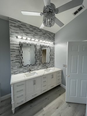 Bathroom Vanity Remodel - New vanity, backsplash, faucets, mirrors, lights and ceiling fan! Bathroom Vanity Remodel - New vanity, backsplash, faucets, mirrors, lights and ceiling fan!