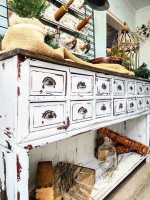 Apothecary Kitchen Island/ Side Board - This Apothecary Cabinet was originally 72inches Tall. We cut the piece in half and converted into two more practical pieces of furniture. The Island can also be used as a side Board. These pieces are great to fill a large space area in your kitchen or Wall.
The tops are custom made, walnut stained and sealed for high traffic durability. Apothecary Kitchen Island/ Side Board - This Apothecary Cabinet was originally 72inches Tall. We cut the piece in half and converted into two more practical pieces of furniture. The Island can also be used as a side Board. These pieces are great to fill a large space area in your kitchen or Wall.
The tops are custom made, walnut stained and sealed for high traffic durability.