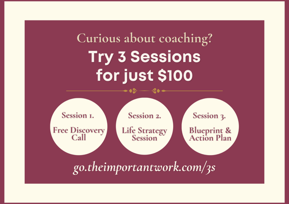 Introductory Coaching Package (3 Sessions) - Imagine three private coaching sessions with Dr. Jenny Morrison, focused on you!
Session 1: Free 30-minute Discovery Call. Get clear on what you want.
Session 2: 45-minute Life Strategy Session. Learn about what's really in your way.
Session 3: 45-minute Blueprint & Action Plan. Leave with a concrete plan of action.
👉 Book your first session now (it's free) to unlock the offer: go.theimportantwork.com/3S Introductory Coaching Package (3 Sessions) - Imagine three private coaching sessions with Dr. Jenny Morrison, focused on you!
Session 1: Free 30-minute Discovery Call. Get clear on what you want.
Session 2: 45-minute Life Strategy Session. Learn about what's really in your way.
Session 3: 45-minute Blueprint & Action Plan. Leave with a concrete plan of action.
👉 Book your first session now (it's free) to unlock the offer: go.theimportantwork.com/3S