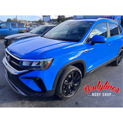 2022 VW Taos - This Taos was damaged along the entire left side, front bumper to rear bumper. Vehicle required replacement and repair of several parts. Additional to body damage airbags, seat belts and other safety features were replaced and re-programmed.