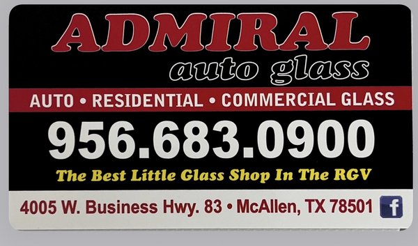 Admiral Auto Glass (956)683-0900 - Windshields, rockchip repairs, quarter glasses, door glasses, back glass, sunroofs vents and much more.
Marquenos para cotizarle! Admiral Auto Glass (956)683-0900 - Windshields, rockchip repairs, quarter glasses, door glasses, back glass, sunroofs vents and much more.
Marquenos para cotizarle!