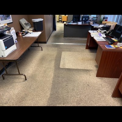 Before and after warehouse carpet cleaning. - Warehouse carpet with 3 years built up dirt. Before and after warehouse carpet cleaning. - Warehouse carpet with 3 years built up dirt.