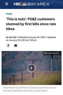 PG$E rates increase almost each year. You can stop this by going solar today. - Did you notice your electricity rates increased by 15% last year? 

Expect the same for 2024 and 2025  

Utilizing solar and battery, back up locks and electricity rates, while providing back up power during outages 

Energy independence is achievable and easier than ever before all at a much lower cost than your electric company rates 

Contact us today  209.860.6469
Ask for - John-Paul