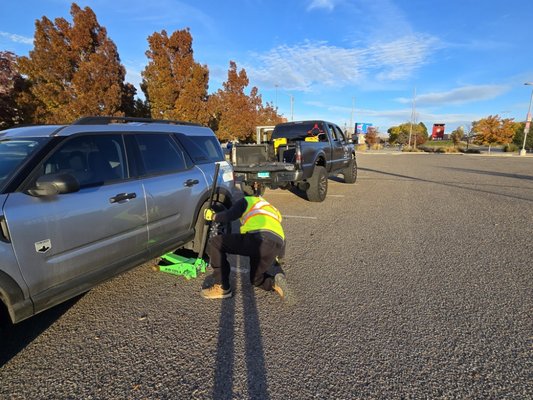 flat tire tire change - this customer got a flat tire and wanted her spare put on very happy customer!