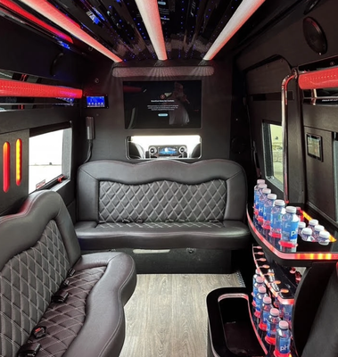 Mercedes "Party" Sprinter - 14 Passenger
Mercedes "Party" Sprinter
Individual, wrap-around limo seating, Bluetooth enable sound system, Wi-Fi enabled, LIVE Apple TV and lots of PH Water!.

$175 per hour, 20% gratuity, $75 tax/fuel/toll per day