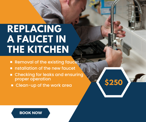 Replacing a Faucet in the Kitchen - $250 - Transform your kitchen with our professional faucet replacement service. For just $250, our experienced plumbers will expertly remove your old faucet and install a new one (customer provided), ensuring a perfect fit and flawless functionality. This service is ideal for those looking to upgrade their kitchen aesthetics or fix a malfunctioning faucet.
Service Includes:
- Removal of the Old Faucet: Our plumbers will carefully remove your existing faucet, ensuring no damage to your sink or countertop.
- Installation of the New Faucet: We will install the new faucet, making sure all connections are secure and properly fitted to prevent leaks.
- Checking for Leaks: After installation, we thoroughly check for any leaks and make necessary adjustments to ensure everything is working perfectly.
- Clean-Up: We respect your home and will clean up our work area, leaving your kitchen spotless.
Why Choose Us?
- Expertise: With over 7 years of plumbing experience, our team has the knowledge and skills to handle any faucet replacement with precision and care.
- Quality Workmanship: We take pride in our work, ensuring that every job is done to the highest standards.
- Customer Satisfaction: Your satisfaction is our priority. We guarantee you will be pleased with the results of our service.
- Efficient and Reliable: We understand the importance of time and efficiency. Our plumbers work quickly and effectively to minimize any disruption to your daily routine.
Whether you're looking to update the look of your kitchen or need to replace a faulty faucet, our faucet replacement service is the perfect solution. Enjoy the peace of mind that comes with knowing your new faucet is installed by professionals. Contact us today to schedule your appointment and enhance your kitchen with our top-notch service! Replacing a Faucet in the Kitchen - $250 - Transform your kitchen with our professional faucet replacement service. For just $250, our experienced plumbers will expertly remove your old faucet and install a new one (customer provided), ensuring a perfect fit and flawless functionality. This service is ideal for those looking to upgrade their kitchen aesthetics or fix a malfunctioning faucet.
Service Includes:
- Removal of the Old Faucet: Our plumbers will carefully remove your existing faucet, ensuring no damage to your sink or countertop.
- Installation of the New Faucet: We will install the new faucet, making sure all connections are secure and properly fitted to prevent leaks.
- Checking for Leaks: After installation, we thoroughly check for any leaks and make necessary adjustments to ensure everything is working perfectly.
- Clean-Up: We respect your home and will clean up our work area, leaving your kitchen spotless.
Why Choose Us?
- Expertise: With over 7 years of plumbing experience, our team has the knowledge and skills to handle any faucet replacement with precision and care.
- Quality Workmanship: We take pride in our work, ensuring that every job is done to the highest standards.
- Customer Satisfaction: Your satisfaction is our priority. We guarantee you will be pleased with the results of our service.
- Efficient and Reliable: We understand the importance of time and efficiency. Our plumbers work quickly and effectively to minimize any disruption to your daily routine.
Whether you're looking to update the look of your kitchen or need to replace a faulty faucet, our faucet replacement service is the perfect solution. Enjoy the peace of mind that comes with knowing your new faucet is installed by professionals. Contact us today to schedule your appointment and enhance your kitchen with our top-notch service!