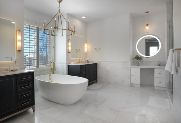 Master Bathroom Remodel in Irvine CA - This Master Bathroom was remodeled with exquisite stone tiles from Walker Zanger.
A bit of French Style was added at some of the details. Master Bathroom Remodel in Irvine CA - This Master Bathroom was remodeled with exquisite stone tiles from Walker Zanger.
A bit of French Style was added at some of the details.