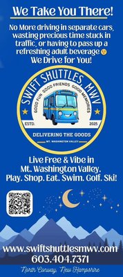 Transportation in Mount Washington Valley, New Hampshire - Swift Shuttles MWV offers group transportation throughout The Mount Washington Valley of New Hampshire. Keep your group travel fun and seamless while spending your days enjoying what you came for and leaving the driving and parking to us! Transportation in Mount Washington Valley, New Hampshire - Swift Shuttles MWV offers group transportation throughout The Mount Washington Valley of New Hampshire. Keep your group travel fun and seamless while spending your days enjoying what you came for and leaving the driving and parking to us!