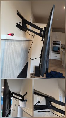 TV Mount👌 - My client needed a sophisticated TV mount that allows height adjustment, tilt, and swivel. For wall installation, they chose a new type of gas-spring mount, which can also hold a soundbar or speaker for immersive audio and lets them adjust the TV’s height. Not every mount offers this, but this engineering marvel makes using the TV more comfortable. The TV can be enjoyed from the living area or swiveled toward the kitchen, making it perfect for watching while having a meal.