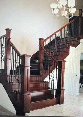 New stair and balcony railing with Box Newel post. - 5 different styles, all with box newel, wrought iron, scrolls, twist, baskets. A million different ways to make your home beautiful and unique.
