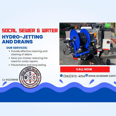 Hydro-Jetting and Drains - Hydro-Jetting uses high- pressure water to blast away stubborn clogs and buildup in your pipes, leaving them clean and clear! It's a safe and environmentally friendly option that can save you time and money in the long run. Contact us today to schedule your appointment with our professionally trained plumbers (562)972-4154! Hydro-Jetting and Drains - Hydro-Jetting uses high- pressure water to blast away stubborn clogs and buildup in your pipes, leaving them clean and clear! It's a safe and environmentally friendly option that can save you time and money in the long run. Contact us today to schedule your appointment with our professionally trained plumbers (562)972-4154!