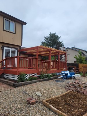 Deck Repair and Resurface. Pergola Repair - This deck had several rotten boards and the paint was flaking off. The pergola stringers where all rotten and falling down. The replacement of boards and resurfacing with a waterproof textured resurface brought the deck to life. The cedar pergola gave it a new style and function. Deck Repair and Resurface. Pergola Repair - This deck had several rotten boards and the paint was flaking off. The pergola stringers where all rotten and falling down. The replacement of boards and resurfacing with a waterproof textured resurface brought the deck to life. The cedar pergola gave it a new style and function.