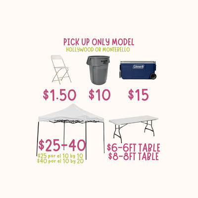 Pick up only model- Hollywood or Montebello - Skip the delivery fees! We offer a pickup-only model at Montebello and Hollywood locations. Our inventory includes affordable, budget-friendly rentals of chairs, canopies (2 sizes), tables, coolers, and trash cans for your events! Message me today to pick up tomorrow! Pick up only model- Hollywood or Montebello - Skip the delivery fees! We offer a pickup-only model at Montebello and Hollywood locations. Our inventory includes affordable, budget-friendly rentals of chairs, canopies (2 sizes), tables, coolers, and trash cans for your events! Message me today to pick up tomorrow!