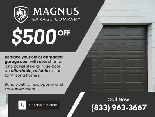 Replacement Garage Door - Is your garage door outdated, damaged, or constantly in need of repair? Upgrading to a new garage door is one of the most effective ways to improve your home’s curb appeal, security, and energy efficiency, often in just a single day. At Magnus Garage Company, we specialize in fast, stress-free garage door replacements—with $500 off to make your investment even easier.
Our selection includes short and long panel steel garage doors, popular for their durability, value, and classic look that fits Arizona homes perfectly. We guide you through every step, from choosing the right style and color to understanding all available insulation and security features. There is never any pressure and all your questions are answered clearly, so you can feel comfortable with your decision.
Installation is handled by our experienced technicians, who make sure the new door fits your home exactly, operates smoothly, and enhances both the appearance and safety of your property. We remove your old door, take care of all adjustments, and leave your garage spotless after the job. Same or next day installation is often available so you do not have to wait for a safer, more attractive garage.
Want to maximize your upgrade? Bundle your new garage door with a modern garage door opener for even more savings, improved convenience, and quieter operation.
We take pride in treating every project like it is for our own family home, and that commitment shines through in our workmanship and customer care. There are no hidden fees or shortcuts—just honest, reliable service and the high-quality results Phoenix homeowners deserve.
If you are ready to replace your old garage door, solve ongoing issues, or simply want to improve your home’s appearance, let us show you how easy and rewarding a new door can be. Don’t miss your $500 savings—contact Magnus Garage Company today to schedule your consultation or installation.