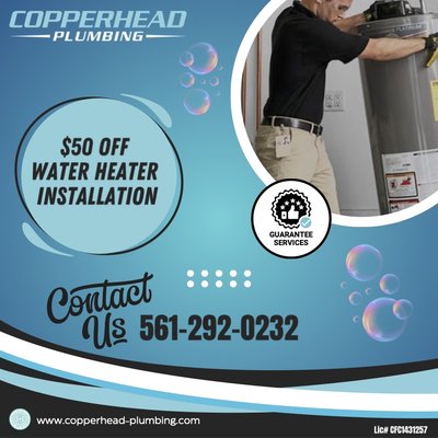 Water Heater Installation & Repair - Need a new water heater? No problem. Copperhead Plumbing covers homeowners with fantastic units from some of the biggest and best brands in the nation. Install traditional tankless units or enjoy the efficient production and cost savings of a tankless water heater. These units provide hot water on demand, meaning fewer risks without sacrificing comfort. No matter what your home requires or what you demand, we have an option that fits all budgets, and our team will make sure to double and triple-check your installation to ensure every part is working to its full potential. Reach out to our water heater installers to start the installation process. Water Heater Installation & Repair - Need a new water heater? No problem. Copperhead Plumbing covers homeowners with fantastic units from some of the biggest and best brands in the nation. Install traditional tankless units or enjoy the efficient production and cost savings of a tankless water heater. These units provide hot water on demand, meaning fewer risks without sacrificing comfort. No matter what your home requires or what you demand, we have an option that fits all budgets, and our team will make sure to double and triple-check your installation to ensure every part is working to its full potential. Reach out to our water heater installers to start the installation process.
