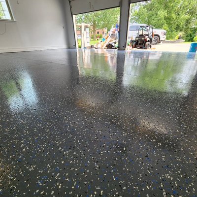 3 car garage heavy chip - Deck gray epoxy solids base with heavy broadcast chip,top coated in polyspardic gloss coat to help protect from uv discoloration. 3 car garage heavy chip - Deck gray epoxy solids base with heavy broadcast chip,top coated in polyspardic gloss coat to help protect from uv discoloration.