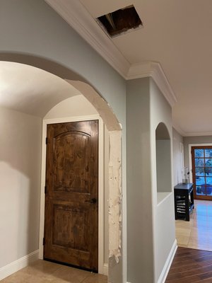Drywall Repair - This drywall damage was done due to broken pipe inside the wall. We installed new drywall, mudded the area to level 5 and applied imperfect smooth texture. Two holes on the curved ceiling required a special skills to make straight drywall match the curved ceiling.
We completed the repair and touched up the final touch with paint.
Satisfied with the results. Drywall Repair - This drywall damage was done due to broken pipe inside the wall. We installed new drywall, mudded the area to level 5 and applied imperfect smooth texture. Two holes on the curved ceiling required a special skills to make straight drywall match the curved ceiling.
We completed the repair and touched up the final touch with paint.
Satisfied with the results.