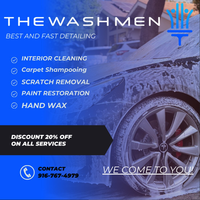 Special Offers! - Tired of driving a dull, lifeless car? TheWashMen are here to save the day! 🌟

🌟 Our Promise:
✅ Convenience: We come to YOU, wherever you are, at your home or workplace.
✅ Expertise: Years of experience and a passion for perfection.
✅ Eco-Friendly: We care for your car and the planet with eco-friendly cleaning solutions.
✅ All-Inclusive: Interior, exterior, and everything in between!

🚀 Special Offer: Book your first detailing with us and get 10% off! 🎉