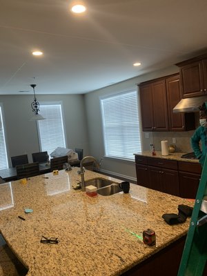 Lighting remodeling residential project - Customer wanted to removed recessed lights and hang pendants at specific measurements over the island and also replace some light fixtures Lighting remodeling residential project - Customer wanted to removed recessed lights and hang pendants at specific measurements over the island and also replace some light fixtures