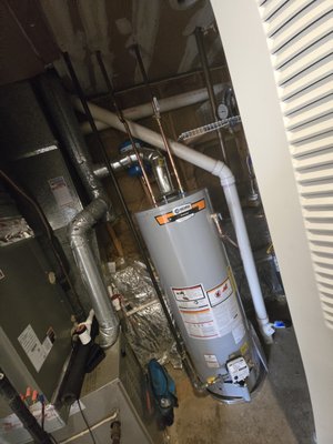 Gas water heater installation - Replacing Gas water heater 50 gallon. connect the water lines, gas lines and vent pipe to the new heater. Gas water heater installation - Replacing Gas water heater 50 gallon. connect the water lines, gas lines and vent pipe to the new heater.