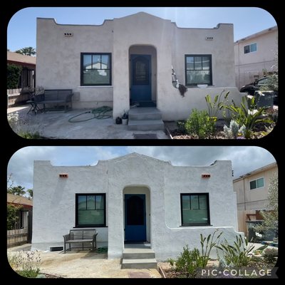 From brown to white , refreshed and revitalized - This color change was done in 4 days , first step power wash , pre work , repair stucco cracks , spot prime and paint.