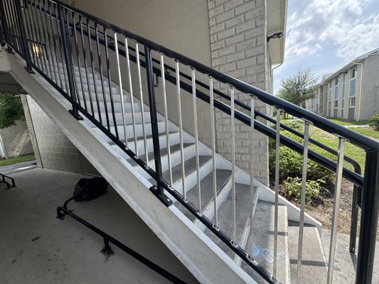 Aluminum Staircase Spindle Repair - We replaced 400 Aluminum Staircase Spindles in a community in Orlando, FL. 
First, we used a grinder to level all contact points, welded in new spindles & painted the areas to look brand new. 
*Please do not order materials before exact measurements are made.
*We can work with you to order the best material, cut to exact measurements, at the best cost.