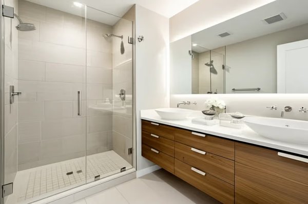 Master Bathroom Renovation in Meridian - A dated 2004 builder-grade master bathroom in Meridian was transformed into a spa-inspired retreat featuring a curbless walk-in shower, heated tile floors, & a custom double vanity. The original space included a fiberglass tub/shower combo that was rarely used as a tub, a single-sink vanity with limited counter space, worn vinyl flooring, & basic builder-grade fixtures throughout. The layout wasted space on the unused tub, while the shower felt cramped. To address these challenges, the tub/shower combo was removed & the layout was reconfigured to create a spacious curbless walk-in shower with a linear drain, frameless glass enclosure, & dual showerheads. A custom 72-inch double vanity with quartz top replaced the single sink, while heated porcelain tile flooring with a decorative mosaic accent in the shower niche was installed throughout. New recessed LED lighting with a dimmer was added for ambiance. The result is a bathroom that now feels twice as large without expanding its 95 sq ft footprint. The curbless shower is both accessible & elegant, the dual vanity eliminates morning conflicts, & the heated floors provide year-round comfort—especially valuable during Idaho winters. The project, completed in five weeks with a budget range of $28,000–$35,000, also included complete plumbing & electrical upgrades. Materials included large-format porcelain tile in warm gray, a Calacatta-pattern quartz countertop, a frameless 3/8" tempered glass shower enclosure, a brushed stainless linear drain, Delta matte black fixtures, a Schluter DITRA-HEAT floor system, & Kerdi waterproofing. Master Bathroom Renovation in Meridian - A dated 2004 builder-grade master bathroom in Meridian was transformed into a spa-inspired retreat featuring a curbless walk-in shower, heated tile floors, & a custom double vanity. The original space included a fiberglass tub/shower combo that was rarely used as a tub, a single-sink vanity with limited counter space, worn vinyl flooring, & basic builder-grade fixtures throughout. The layout wasted space on the unused tub, while the shower felt cramped. To address these challenges, the tub/shower combo was removed & the layout was reconfigured to create a spacious curbless walk-in shower with a linear drain, frameless glass enclosure, & dual showerheads. A custom 72-inch double vanity with quartz top replaced the single sink, while heated porcelain tile flooring with a decorative mosaic accent in the shower niche was installed throughout. New recessed LED lighting with a dimmer was added for ambiance. The result is a bathroom that now feels twice as large without expanding its 95 sq ft footprint. The curbless shower is both accessible & elegant, the dual vanity eliminates morning conflicts, & the heated floors provide year-round comfort—especially valuable during Idaho winters. The project, completed in five weeks with a budget range of $28,000–$35,000, also included complete plumbing & electrical upgrades. Materials included large-format porcelain tile in warm gray, a Calacatta-pattern quartz countertop, a frameless 3/8" tempered glass shower enclosure, a brushed stainless linear drain, Delta matte black fixtures, a Schluter DITRA-HEAT floor system, & Kerdi waterproofing.