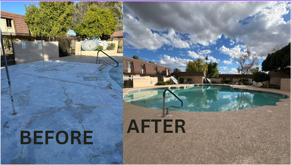 Park Riviera Townhouses Tempe, Arizona - This remodel was done on a very warn down pool deck that was in bad shape for the residents. This project took 3 days to complete. Project consisted of removing all old pool decking, grinding, resurfacing, repairing all cracks, (2) coat process of new Acrylic Lace Color Baja Sand (46% heat reflectance) with upgraded Reflecto Seal Baja Sand (61% heat reflectance). Just in time for the summer season for the residence to enjoy.