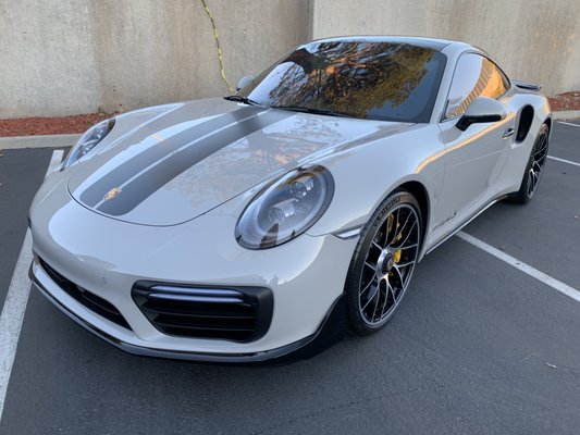 Porsche 911 Turbo - This 2019 Porsche 911 Turbo got our Feynlab Self Heal Plus ceramic coating, 3M Crystalline window film, and some custom hood stripes.