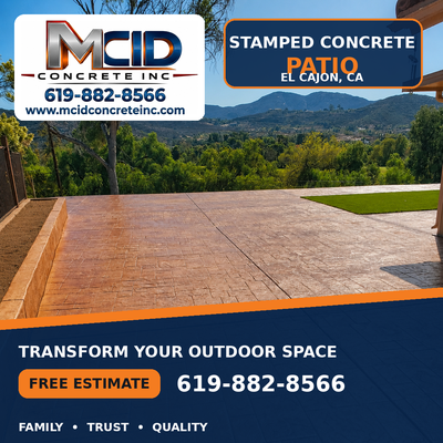 Patio - Stamped concrete patio completed in El Cajon, CA. Quality work by MCID Concrete Inc. Call 619-882-8566 for a free estimate! Patio - Stamped concrete patio completed in El Cajon, CA. Quality work by MCID Concrete Inc. Call 619-882-8566 for a free estimate!