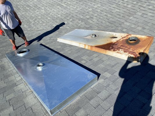 Pan replacement - Replacement of chase pan with custom galvanized pan. Pan replacement - Replacement of chase pan with custom galvanized pan.