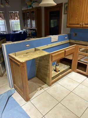 Kitchen cabinet restoration 2023 - Customer ordered new countertops and upon demolition found water damage. Home was custom built so cabinets have sentimental value to customer. Customer needed cabinet restoration and not replacement.