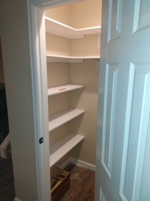 Closet Remodel - This closet was built out 12" and extended another 18" to allow for food storage as well as coats and shoes. Closet Remodel - This closet was built out 12" and extended another 18" to allow for food storage as well as coats and shoes.