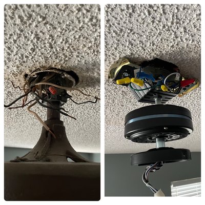 Out with the old, in with the new! - This old ceiling fan had a wicked wobble! So we went in and replaced it with a new one. Out with the old, in with the new! - This old ceiling fan had a wicked wobble! So we went in and replaced it with a new one.