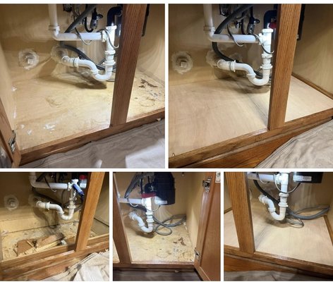 Kitchen Cabinet Bottom Repair - Is your cabinet bottom sagging, emitting unpleasant odors, or worse, molding? 

Our Cabinet Bottom Repair Service is here to restore the beauty and functionality of your cabinets. According to the EPA, "Absorbent or porous materials, such as ceiling tiles, carpet, and manufactured woods may have to be thrown away if they become moldy. Mold can grow on or fill in the empty spaces and crevices of porous materials, so the mold may be difficult or impossible to remove completely." This is why it's crucial to cut out and remove porous Medium Density Fiberboard (MDF) cabinet bottoms and not just cover them up.

We offer a comprehensive solution that includes removal of old materials, so you can say goodbye to warped, damaged, and smelly cabinet bottoms. Our team carefully removes the old materials to prepare for a fresh start.

We don't just cover up the problem; we eliminate it and then install true hardwood plywood that will hold up against moisture. We also use engineered pre-stained quarter round to make the installation as seamless as possible. Enjoy the durability and elegance of new sanded hardwood plywood. This premium material provides a strong and smooth foundation for your cabinets.

Revel in the satisfaction of a perfectly flat cabinet bottom. No more odors, no more warping – just clean, fresh, and functional storage space.

Transform your cabinet with our meticulous and professional repair service. Restore, refresh, and enjoy your home to the fullest with a cabinet bottom that's as good as new.