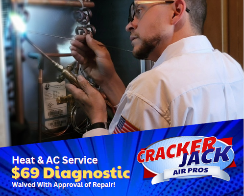 Heat & Ac Repair - Get exceptional heating & AC Repair when you choose CrackerJack Air Pros. Our diagnostic fee is $69 and is waived with approval of repair. Backed by our incredible fix-it-fast or its free guarantee where if your unit is not repaired and working in 48 hours, we will waive all labor charges. Heat & Ac Repair - Get exceptional heating & AC Repair when you choose CrackerJack Air Pros. Our diagnostic fee is $69 and is waived with approval of repair. Backed by our incredible fix-it-fast or its free guarantee where if your unit is not repaired and working in 48 hours, we will waive all labor charges.