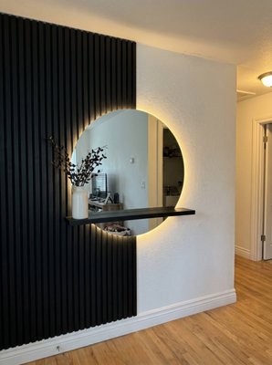 Wood Slat Accent Wall & LED - A custom architectural statement piece designed to bring warmth, texture, and an elegant editorial feel to the space. This project features a precision-crafted slatted wood wall seamlessly integrated with custom LED backlight accents. Executed with flawless craftsmanship and immaculate post-job cleanup. Wood Slat Accent Wall & LED - A custom architectural statement piece designed to bring warmth, texture, and an elegant editorial feel to the space. This project features a precision-crafted slatted wood wall seamlessly integrated with custom LED backlight accents. Executed with flawless craftsmanship and immaculate post-job cleanup.
