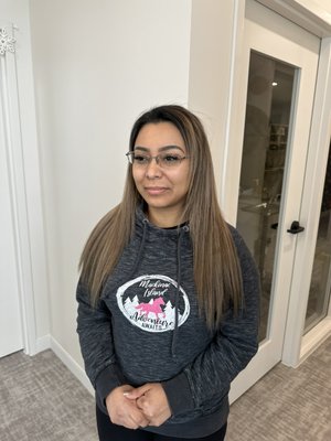 Rooted blonde with weft extensions - A full highlight with root smudge and two rows of extensions installed and a custom haircut to blend perfectly! Rooted blonde with weft extensions - A full highlight with root smudge and two rows of extensions installed and a custom haircut to blend perfectly!
