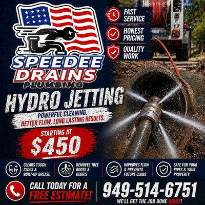 Hydro Jetting Drain Cleaning Starting at $450 (949)514-6751 - Clear tough blockages fast—Hydrojetting blasts your main & branch sewer lines clean, restoring flow & preventing backups! Hydro Jetting Drain Cleaning Starting at $450 (949)514-6751 - Clear tough blockages fast—Hydrojetting blasts your main & branch sewer lines clean, restoring flow & preventing backups!