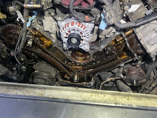 Timing Guide Explosion - This was a 2004 Ford F150 with the notorious 5.4 engine, it was running extremely rough and sounded like a diesel truck! The owner was told by another mechanic that the head gasket was bad and to get a new engine. We did the diagnosis and found the timing chains, guides and VCT solenoids to be blown. After a new timing job and oil pump the truck is running really well. Saved the customer $5,000!!