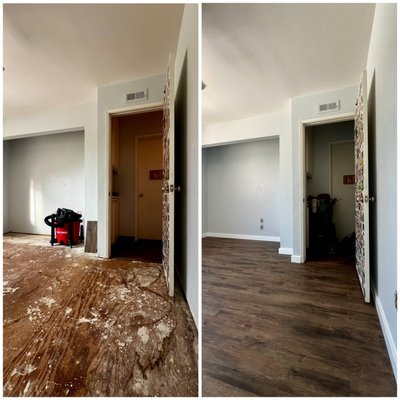 LVP & Baseboard installation in a bedroom in Carlsbad (CA) - 2024 - After renovating a room on the second floor, the client wanted us to replace the old carpet with new vinyl plank flooring. We also installed new baseboards. LVP & Baseboard installation in a bedroom in Carlsbad (CA) - 2024 - After renovating a room on the second floor, the client wanted us to replace the old carpet with new vinyl plank flooring. We also installed new baseboards.