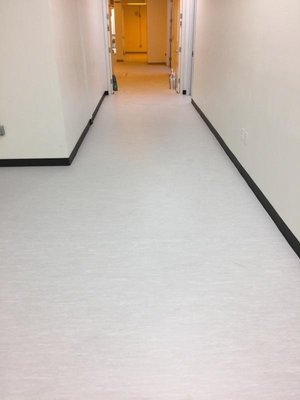 Commercial Solid Vinyl Project - Commercial solid vinyl project, completed using Tarkett 2mm Solid Vinyl sheet, all seams heat welded. The existing floor was an old vinyl sheet with serious subfloor issues. We removed all the existing vinyl, cut out loose subfloor and removed all latent defects. Then had to prime the floor before completely with Ardex P-51, before completely smoothing the area with Ardex V-1000 self leveling compound. This was carried out to two laboratories that will be carrying out microbiological testing. This was a particular testing project as we only had a week to complete it, as well as there being center support posts to work around so setting out was a big issue. The rooms were completed using Johnsonite TSB 4" rubber base, supplied and installed in coil format to prevent wall base seams that we would have had with the 4' individual lengths that are normally used. Commercial Solid Vinyl Project - Commercial solid vinyl project, completed using Tarkett 2mm Solid Vinyl sheet, all seams heat welded. The existing floor was an old vinyl sheet with serious subfloor issues. We removed all the existing vinyl, cut out loose subfloor and removed all latent defects. Then had to prime the floor before completely with Ardex P-51, before completely smoothing the area with Ardex V-1000 self leveling compound. This was carried out to two laboratories that will be carrying out microbiological testing. This was a particular testing project as we only had a week to complete it, as well as there being center support posts to work around so setting out was a big issue. The rooms were completed using Johnsonite TSB 4" rubber base, supplied and installed in coil format to prevent wall base seams that we would have had with the 4' individual lengths that are normally used.