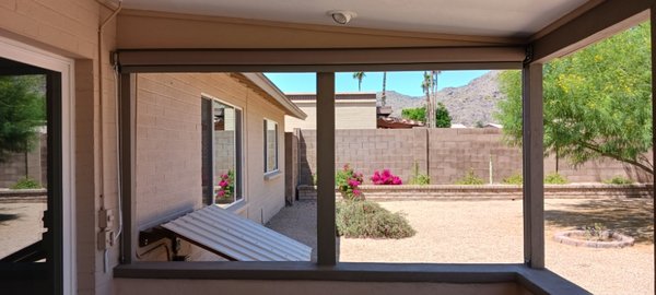 Exterior Open Roll Manual Riller Screen. - Exterior Manual Open Roll Patio Screen Shade with 5% Fabric Transparency Exterior Open Roll Manual Riller Screen. - Exterior Manual Open Roll Patio Screen Shade with 5% Fabric Transparency