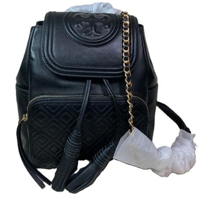 Tory Burch Black Leather Backpack - This NWT Tory Burch Fleming Black Leather Backpack with adjustable leather & gold chain straps 
One inside pocket with zipper. 
One outside pocket with zipper on the front of the bag. 
Two slip pockets on the sides. 
Drawstring closure plus hidden magnetic button closure. 
Approximate Measurements: 11" tall, 9" wide, 5" deep