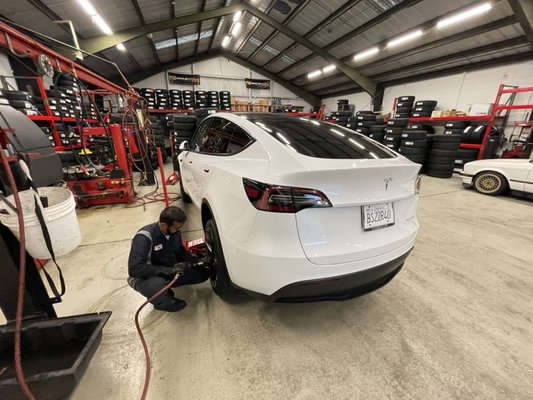 Tesla Tire Repair - Quick tire repair on this Tesla. Any car is no issue for us Tesla Tire Repair - Quick tire repair on this Tesla. Any car is no issue for us