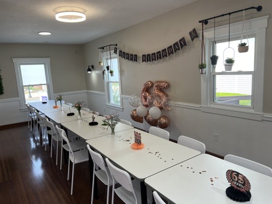 65th Birthday Party - We hosted a surprise 65th birthday party. The Birthday Girl's husband had us take care of the whole thing. We did the decorations, coordinated the food, and made the invitations. The Birthday Girl was thrilled with the space, and was very surprised.