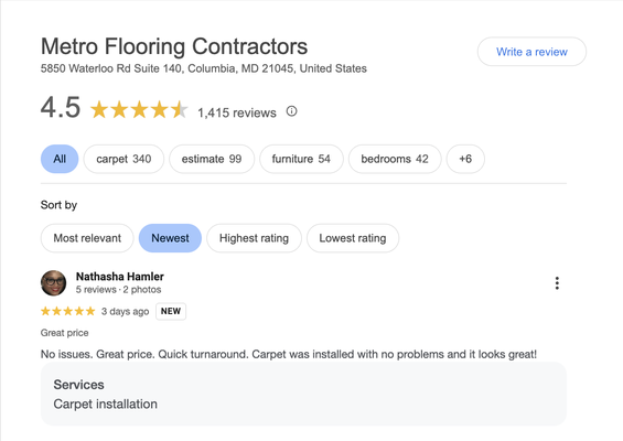 Reviews & Other Testimonials - Thank you for considering Metro Flooring Contractors for your upcoming service. We appreciate your understanding as we continue to grow our Yelp reviews organically. In the meantime checkout what others have said about service elsewhere online for more comprehensive insight on what you can expect with us!